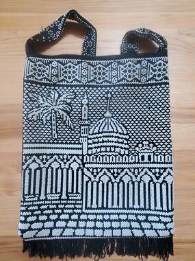 Black & White Beaded Tote Bag with Mosque Motif